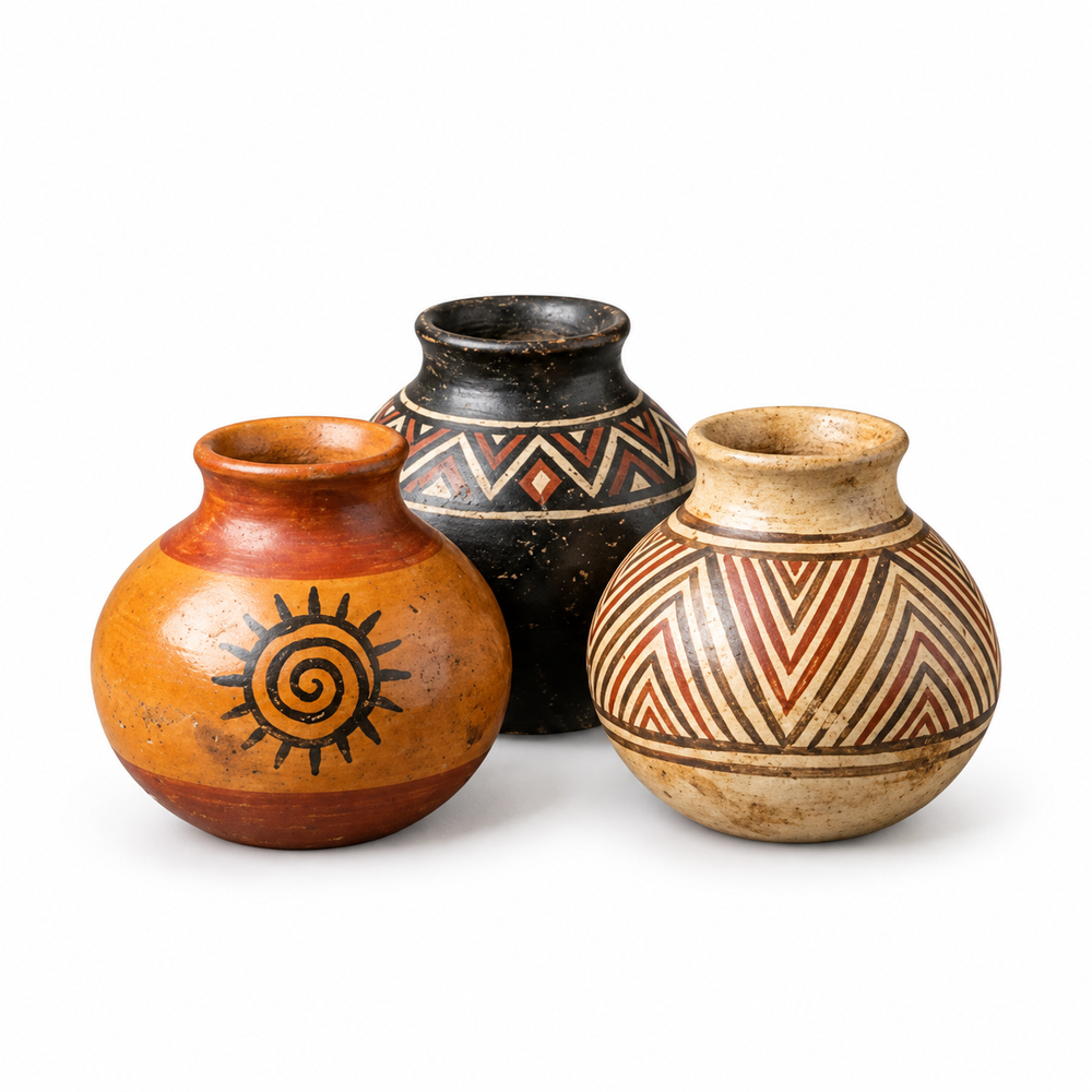 Set de Mini Tinajas Globulares Policromadas (Mocahuas de Chazuta): tres pequeñas presencias, una colección