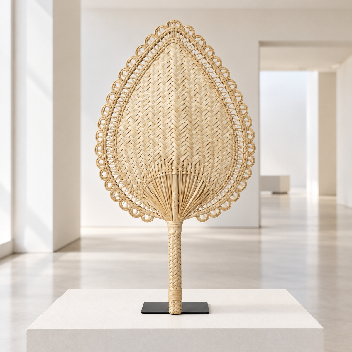 Aventador Ceremonial en Fibra de Bombonaje Tejido a Mano · sala de museo; ambientación digital a partir de la imagen de catálogo. Elementos del escenario no incluidos.