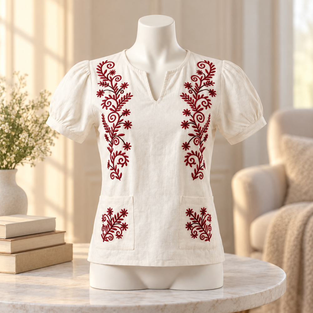 Blusa Tradicional Alba con Bordado Étnico de Chazuta · rincón de lectura; ambientación digital a partir de la imagen de catálogo. Elementos del escenario no incluidos.