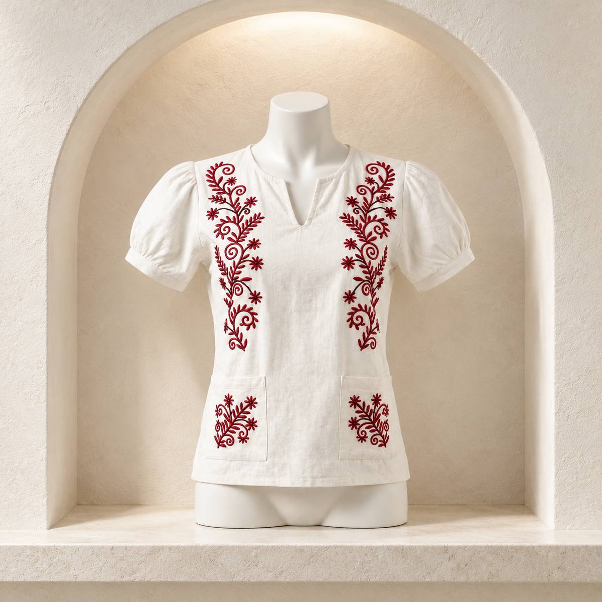 Blusa Tradicional Alba con Bordado Étnico de Chazuta · nicho arquitectónico; ambientación digital a partir de la imagen de catálogo. Elementos del escenario no incluidos.