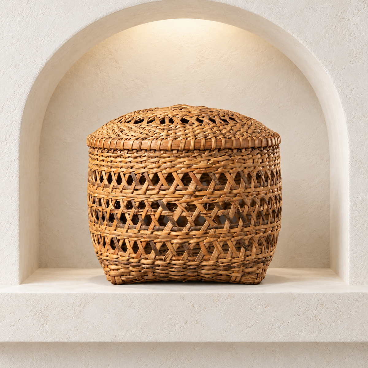 Cesto Ceremonial Calado en Fibra Vegetal del Huallaga · nicho arquitectónico; ambientación digital a partir de la imagen de catálogo. Elementos del escenario no incluidos.