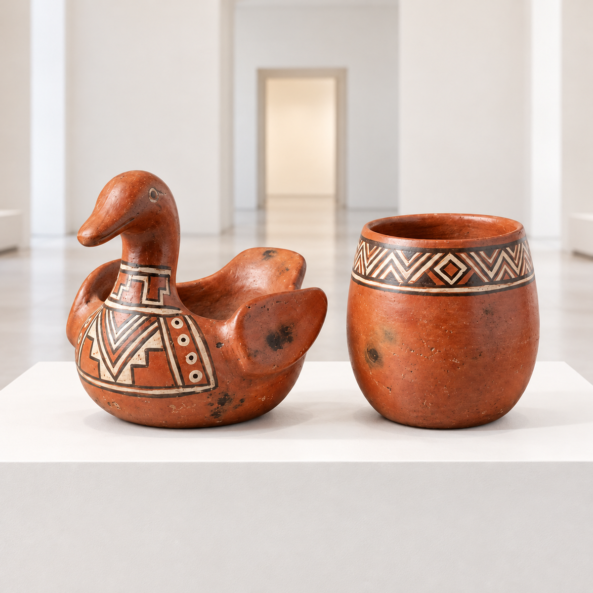 Cuenco Zoomorfo Pato de Agua Amazónico en Cerámica Bruñida · sala de museo; ambientación digital a partir de la imagen de catálogo. Elementos del escenario no incluidos.