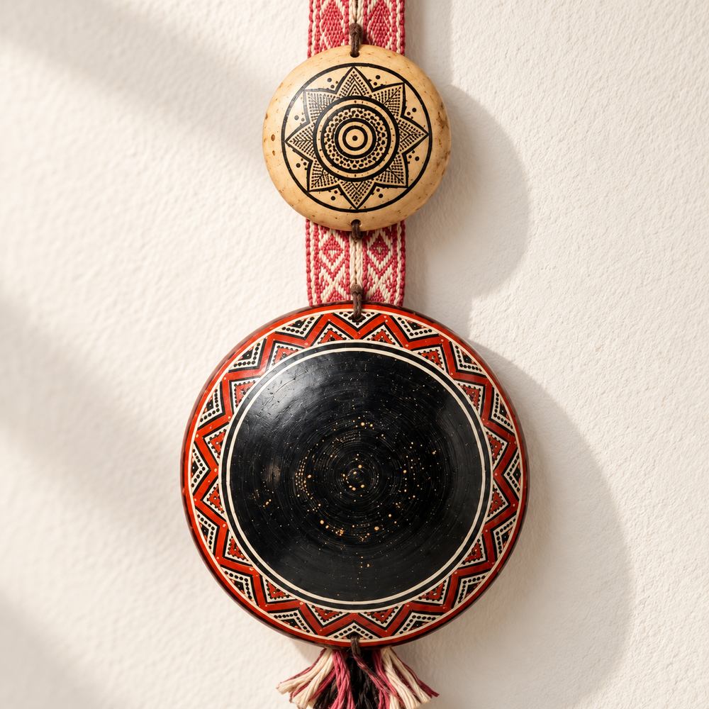 Dúo Colgante Ceremonial en Tutuma y Disco Negro con Cinta Tejida · detalle de la superficie; ambientación digital a partir de la imagen de catálogo. Elementos del escenario no incluidos.