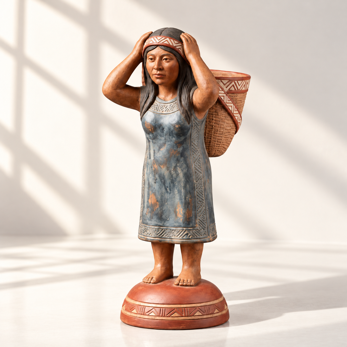 Escultura Antropomorfa Alfarera de Chazuta con Cesto · luz cinematográfica de ventana; ambientación digital a partir de la imagen de catálogo. Elementos del escenario no incluidos.