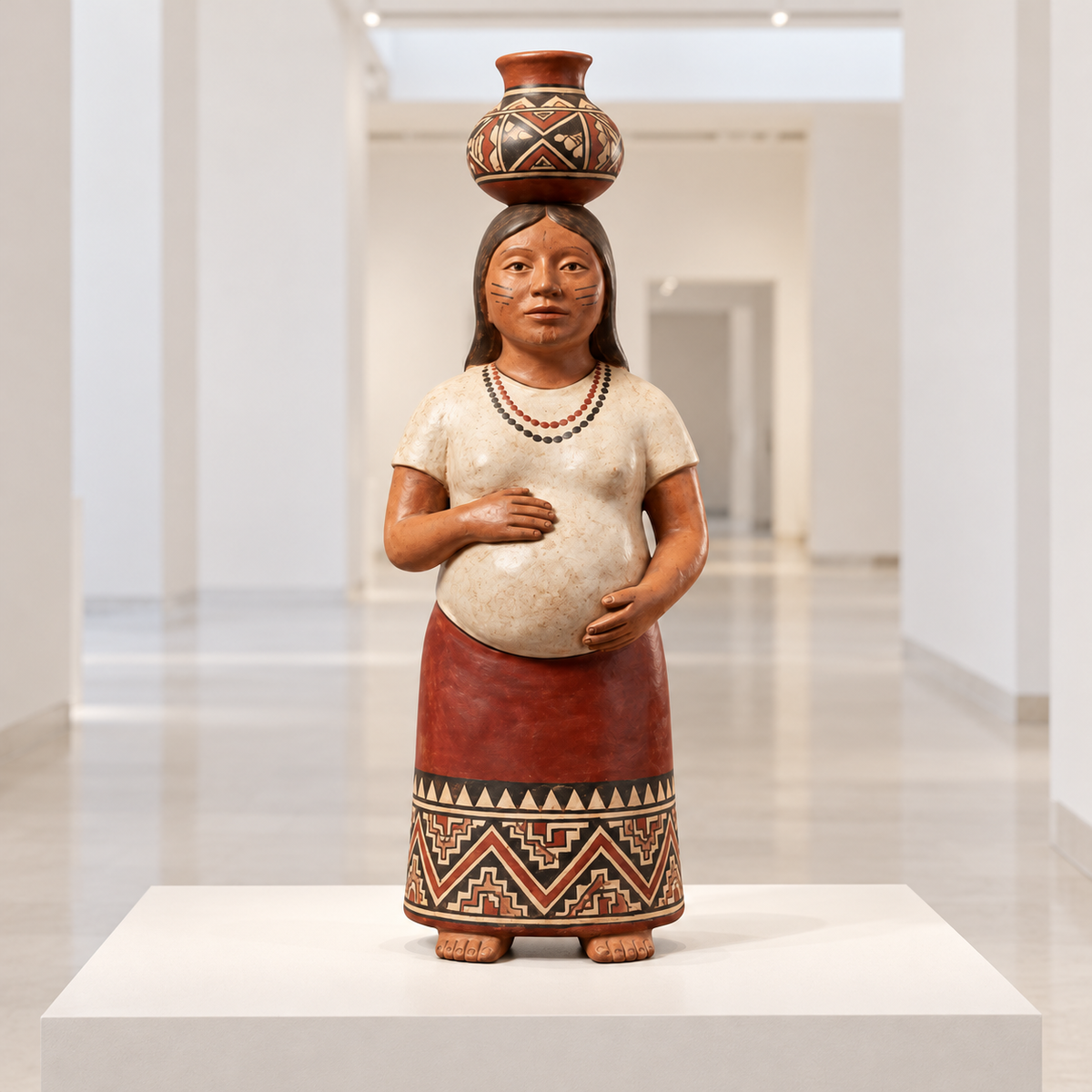 Escultura Ceremonial Madre Gestante Portadora de Tinaja · sala de museo; ambientación digital a partir de la imagen de catálogo. Elementos del escenario no incluidos.