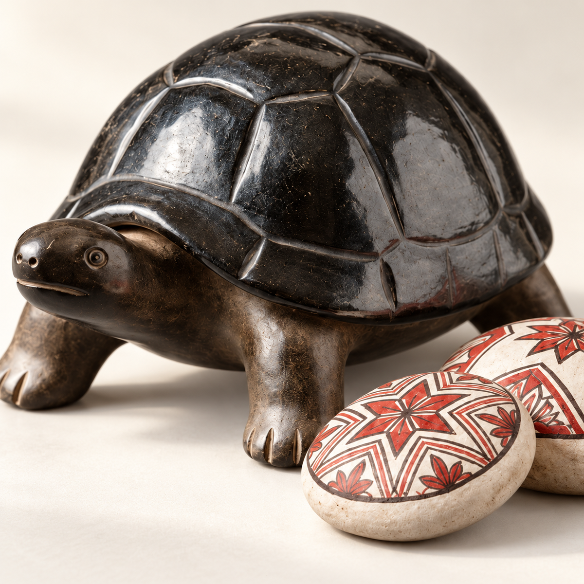 Escultura Zoomorfa Tortuga Motelo en Cerámica Negra y Piedras Pintadas · detalle de la superficie; ambientación digital a partir de la imagen de catálogo. Elementos del escenario no incluidos.