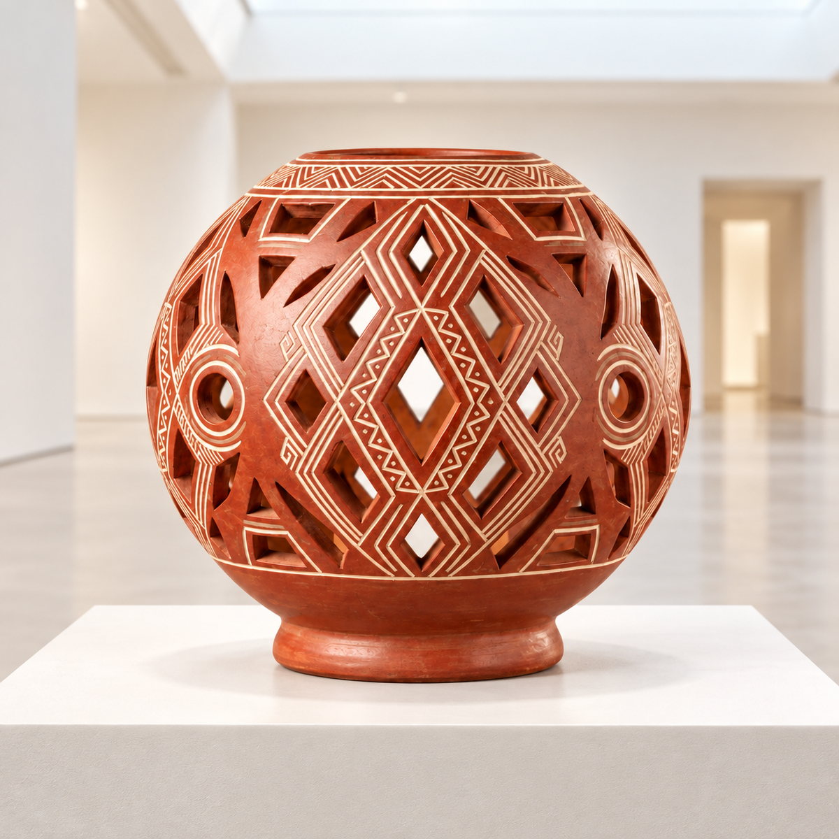 Esfera Luminaria y Sahumerio Calado en Terracota Roja de Chazuta · sala de museo; ambientación digital a partir de la imagen de catálogo. Elementos del escenario no incluidos.