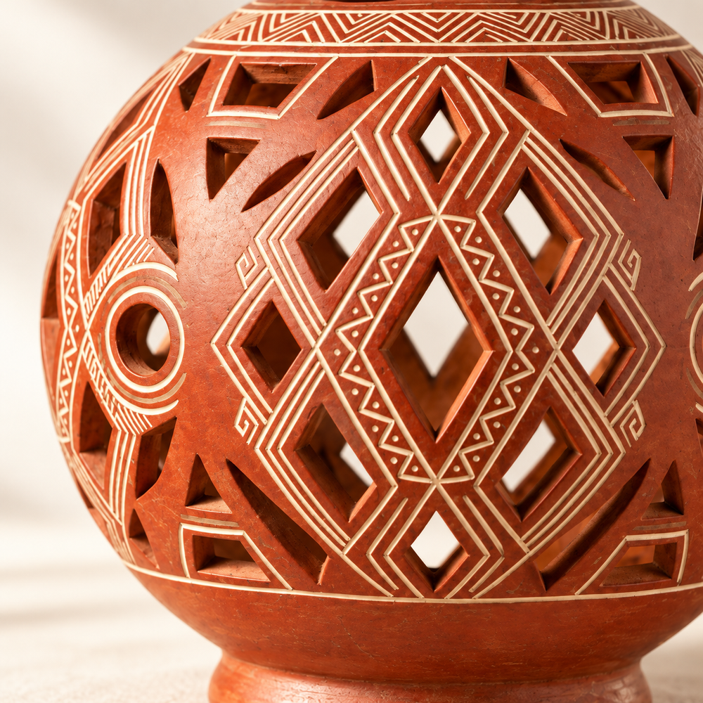 Esfera Luminaria y Sahumerio Calado en Terracota Roja de Chazuta · detalle de la superficie; ambientación digital a partir de la imagen de catálogo. Elementos del escenario no incluidos.