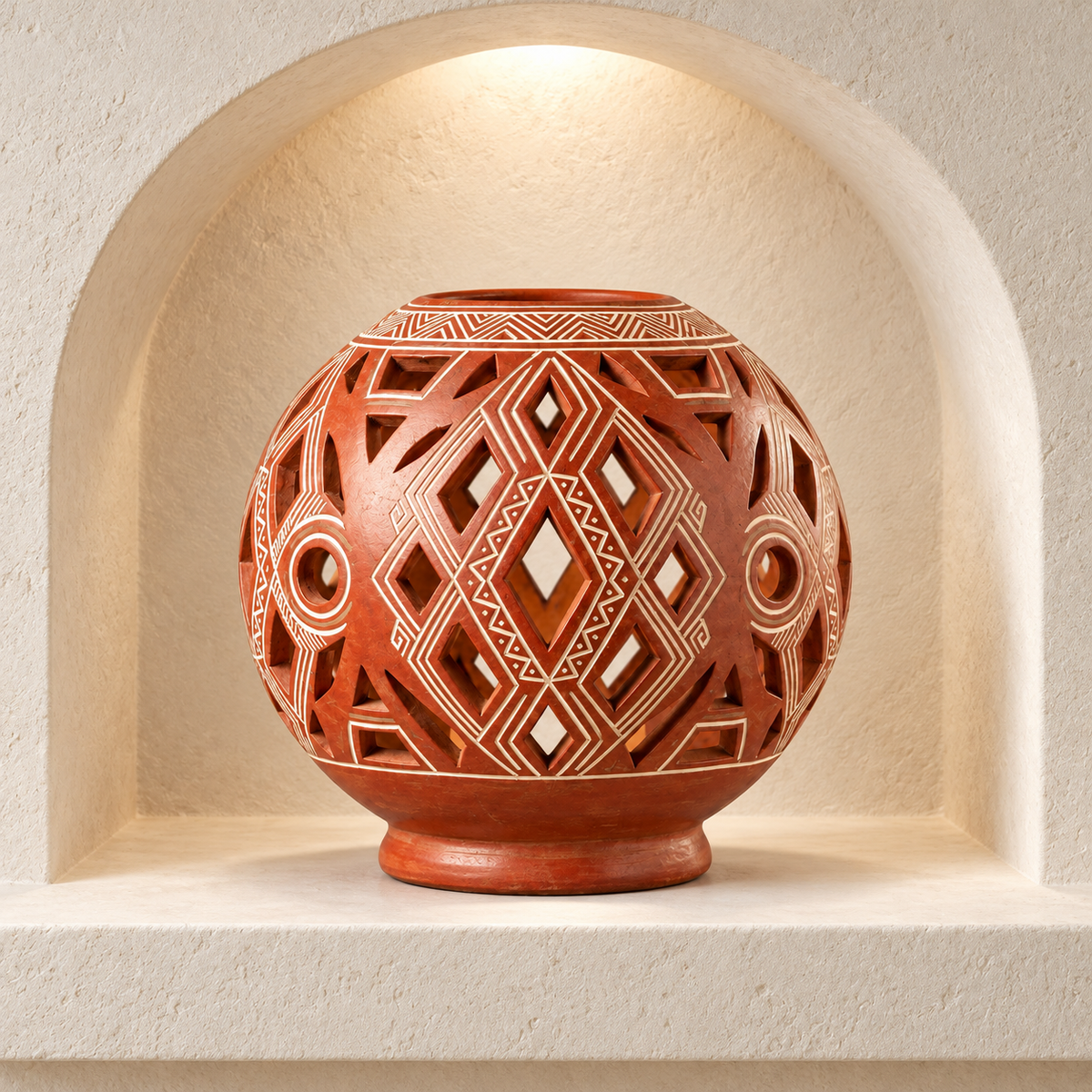 Esfera Luminaria y Sahumerio Calado en Terracota Roja de Chazuta · nicho arquitectónico; ambientación digital a partir de la imagen de catálogo. Elementos del escenario no incluidos.