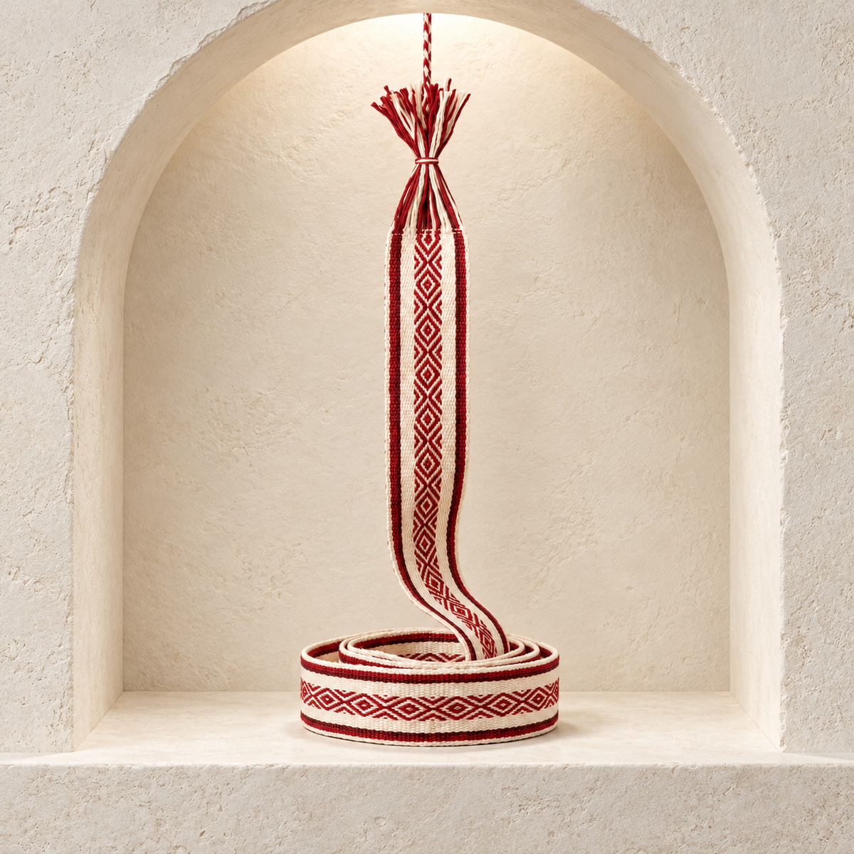 Faja Ceremonial Tejida en Telar de Cintura (Chumbi Amazónico) · nicho arquitectónico; ambientación digital a partir de la imagen de catálogo. Elementos del escenario no incluidos.