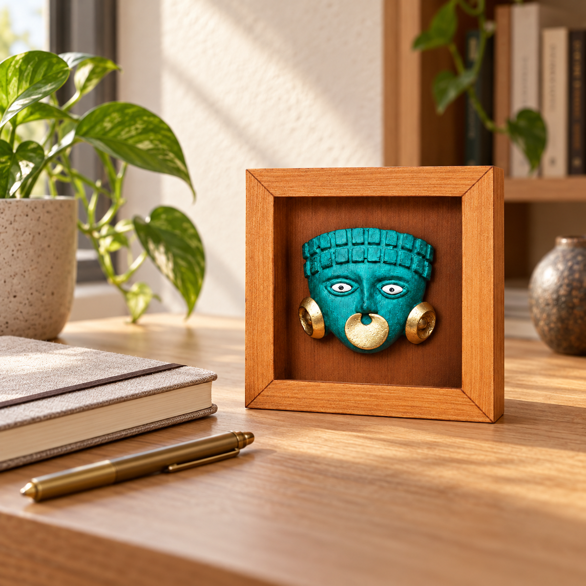 Guerrero Mochica · Shadow Box 13 × 13 cm, en un escritorio. Ambientación digital basada en la obra; accesorios decorativos no incluidos.