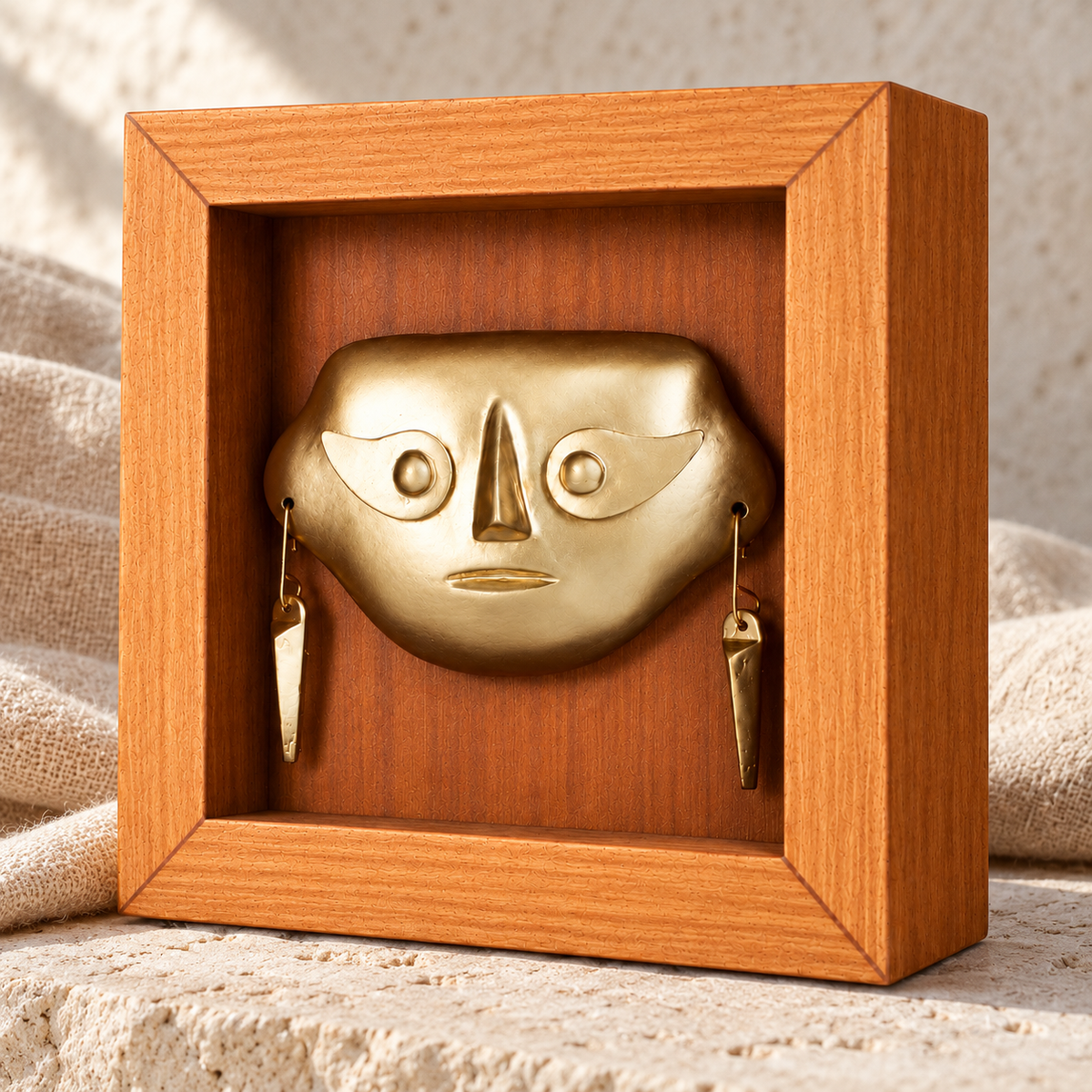 Lambayeque, Shadow Box 13 × 13 cm, con vista del relieve y la textura del marco. Ambientación digital basada en la obra; accesorios decorativos no incluidos.