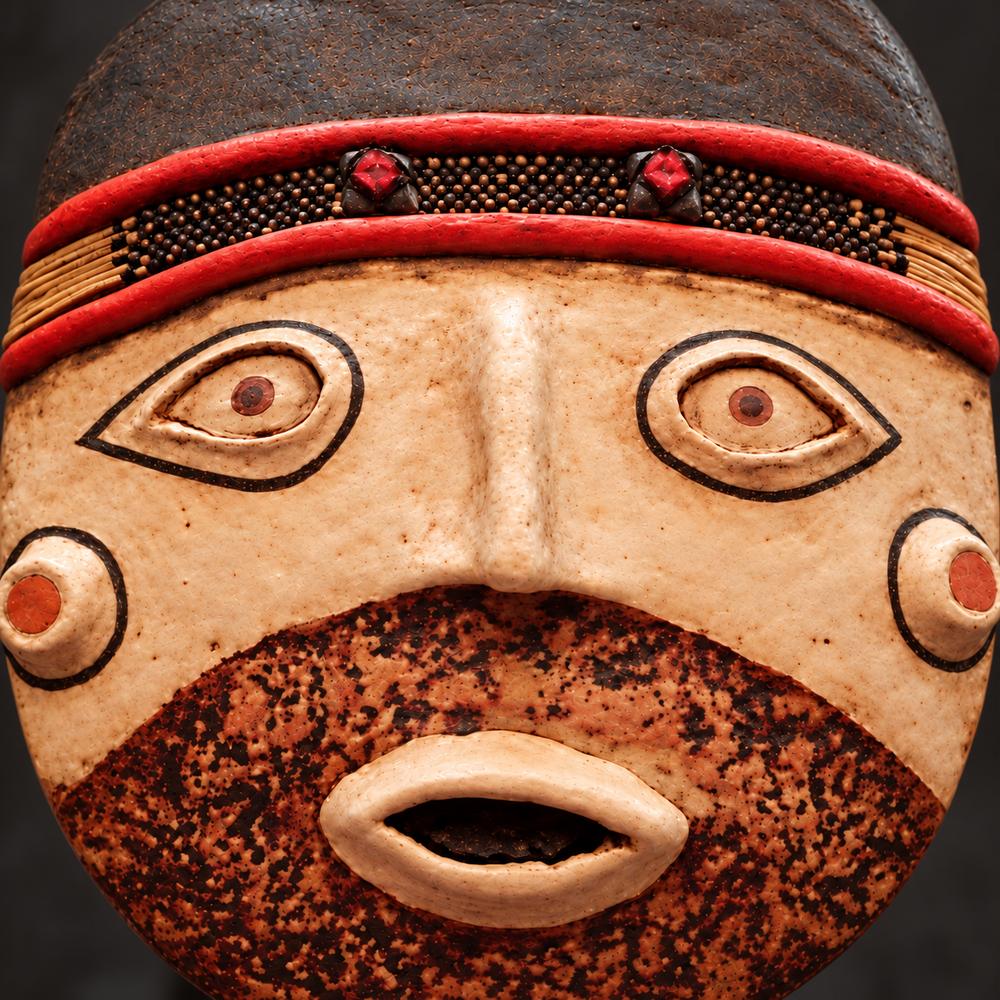 Máscara Cultura Nazca · detalle de textura; ambientación digital basada en la imagen de catálogo. Elementos del escenario no incluidos.