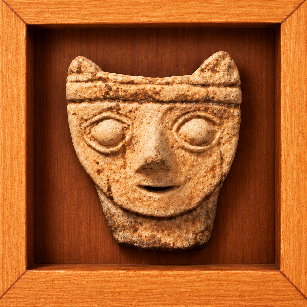 Chancay Mini · acercamiento del rostro, los ojos y la textura original de la figura de 7 × 7 cm; imagen digital basada en el producto.