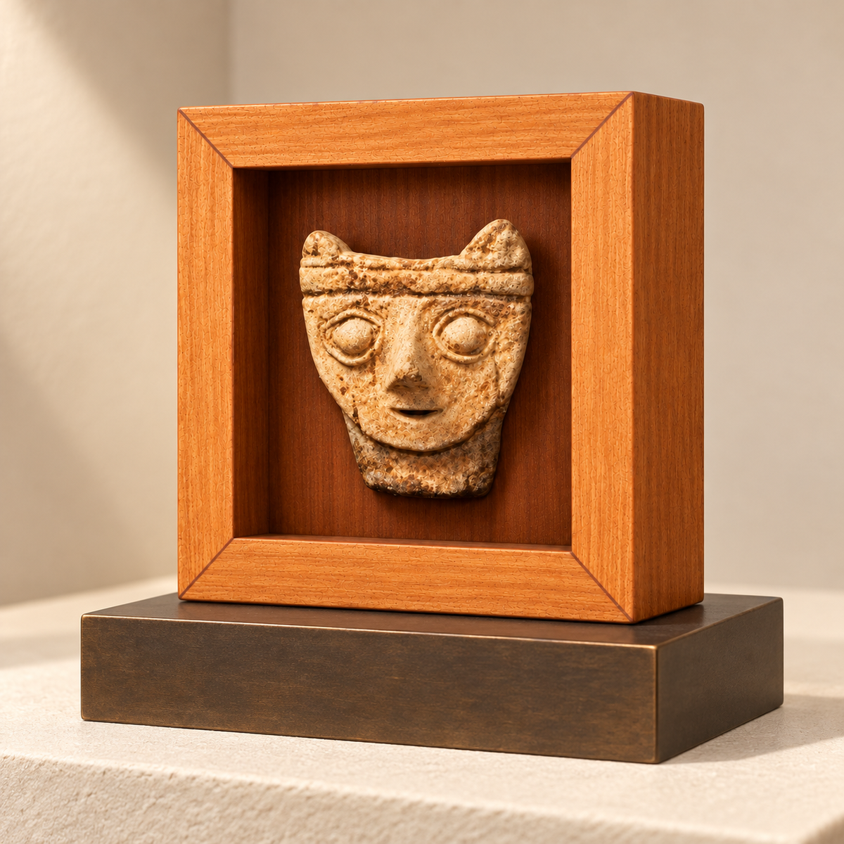 Chancay Mini · Shadow Box de 7 × 7 cm sobre pedestal de exposición; ambientación digital. Pedestal no incluido.