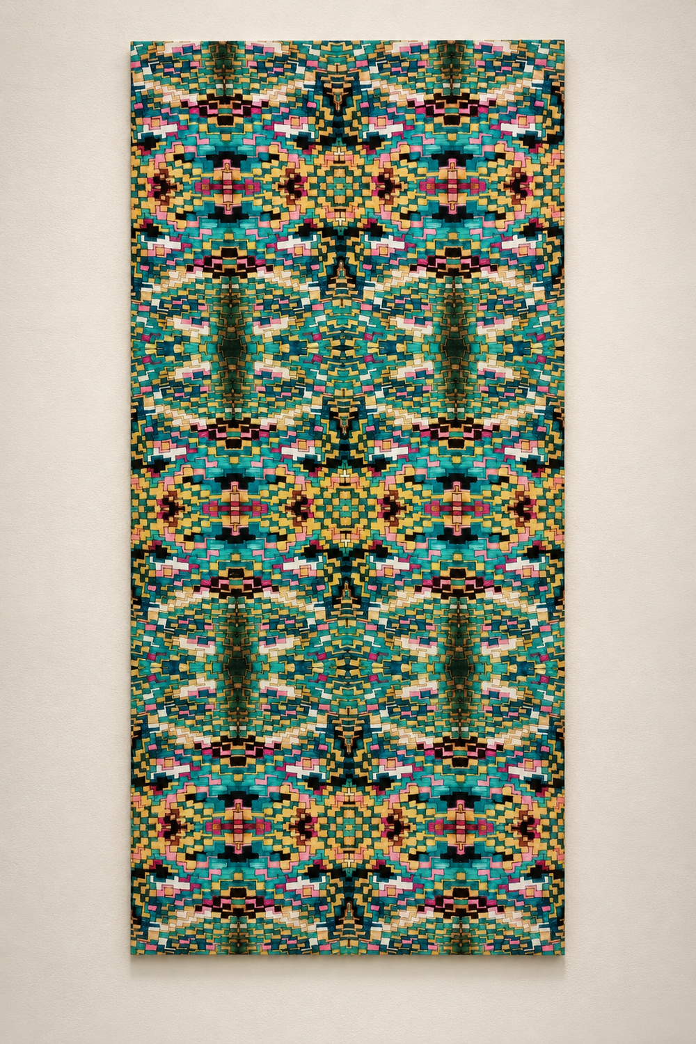 Cuadro Trama Turquesa — Ambientación museográfica del detalle. Detalle y ambientación digital basados en fotografía original; solo área documentada. No representa bordes o enmarcado no fotografiados. Elementos de escena no incluidos.