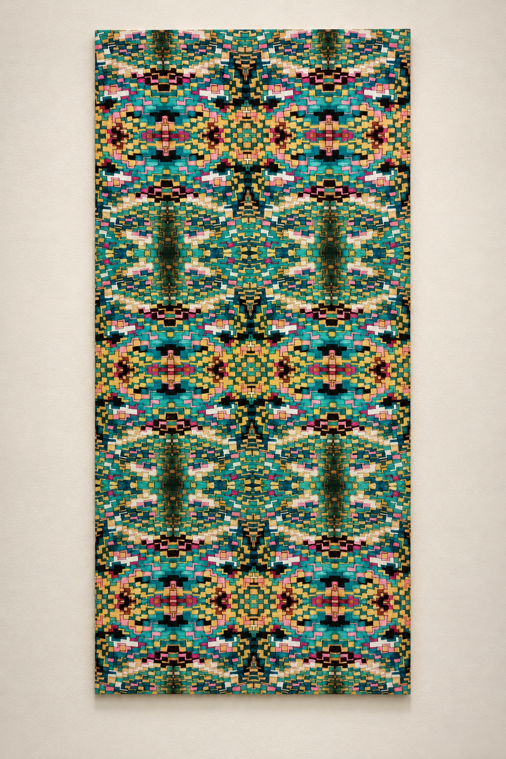 Cuadro Trama Turquesa — Ambientación museográfica del detalle. Detalle y ambientación digital basados en fotografía original; solo área documentada. No representa bordes o enmarcado no fotografiados. Elementos de escena no incluidos.