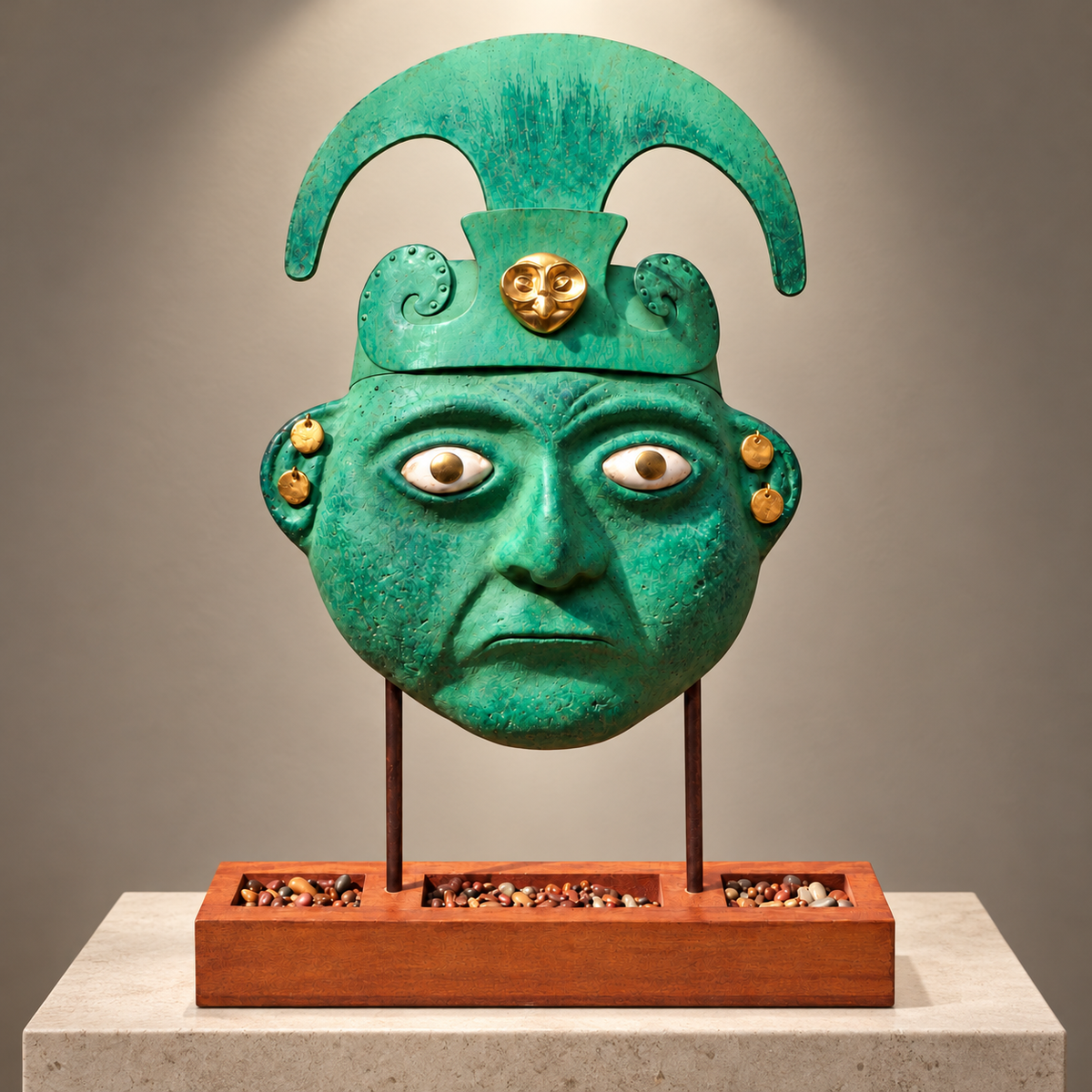 Máscara Moche con Tocado Media Luna y Pedestal — Galería museográfica. Ambientación digital basada en la fotografía del producto.