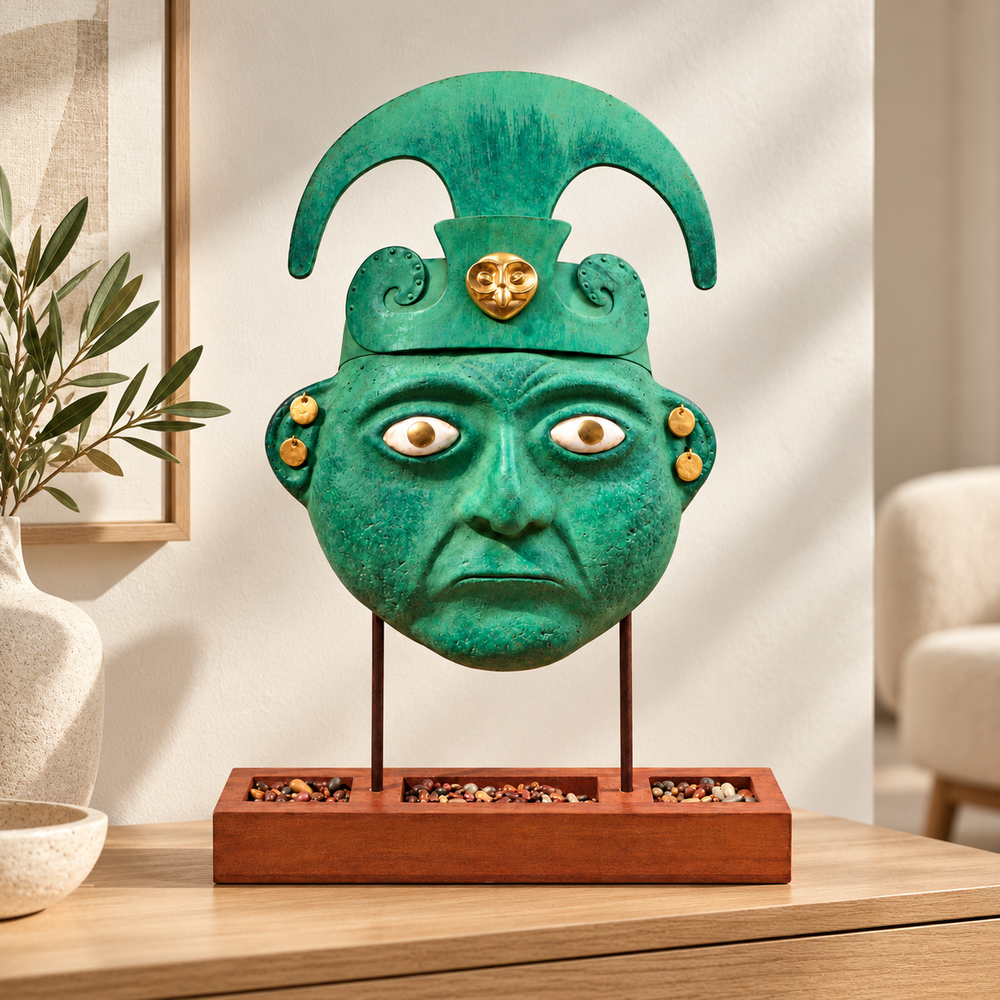 Máscara Moche con Tocado Media Luna y Pedestal — En un interior. Ambientación digital basada en la fotografía del producto.