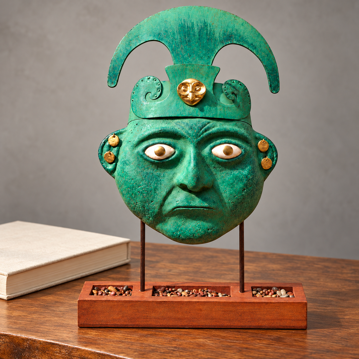 Máscara Moche con Tocado Media Luna y Pedestal — Composición editorial. Ambientación digital basada en la fotografía del producto.