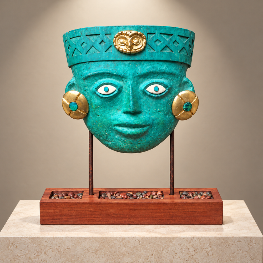 Máscara Mochica en Pedestal de Cajón — Galería museográfica. Ambientación digital basada en la fotografía del producto.