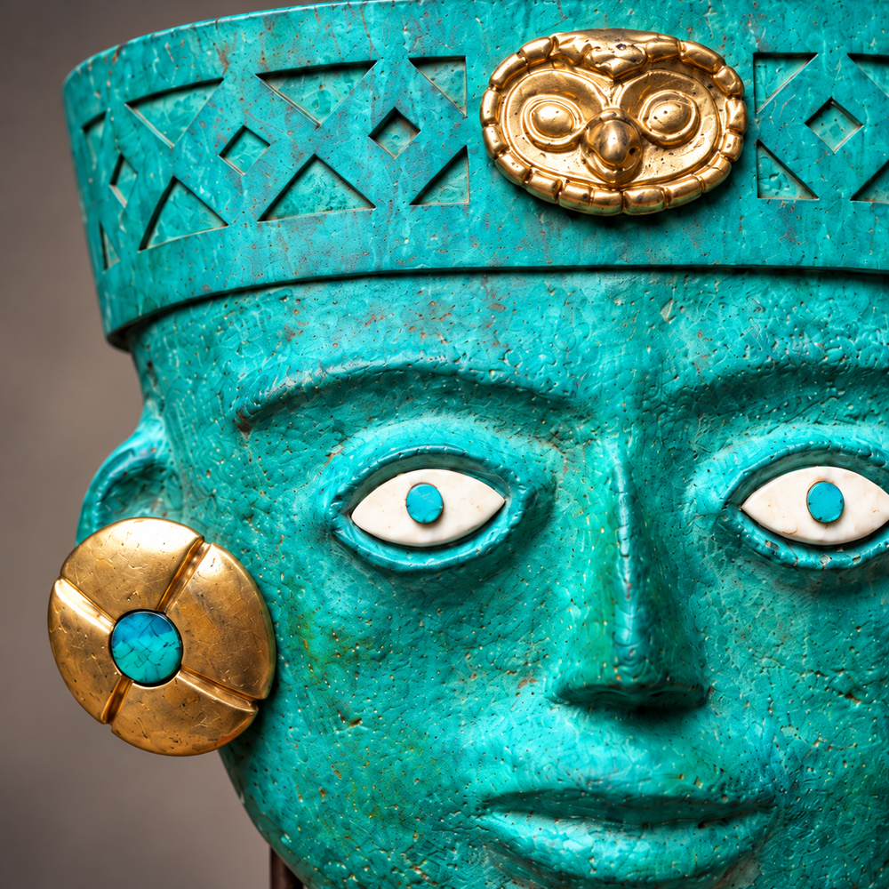 Máscara Mochica en Pedestal de Cajón — Detalle del acabado. Ambientación digital basada en la fotografía del producto.
