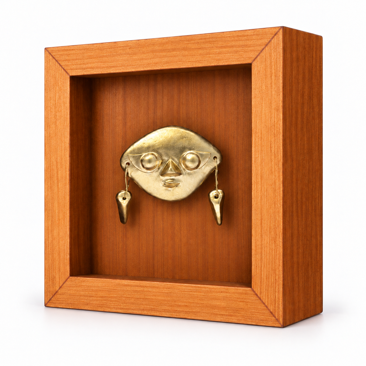 Mini Sicán — vista diagonal derecha, Shadow Box Mini de MDF 7 × 7 × 2,2 cm; edición digital basada en la fotografía del producto.