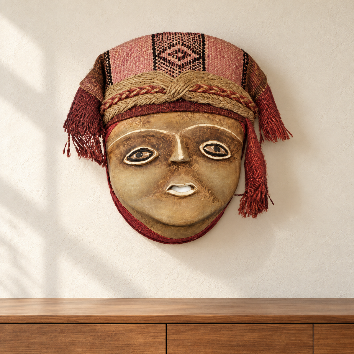 Máscara Mujer Inca — La obra en un espacio contemporáneo. Ambientación digital basada en la fotografía de catálogo; elementos del escenario no incluidos.