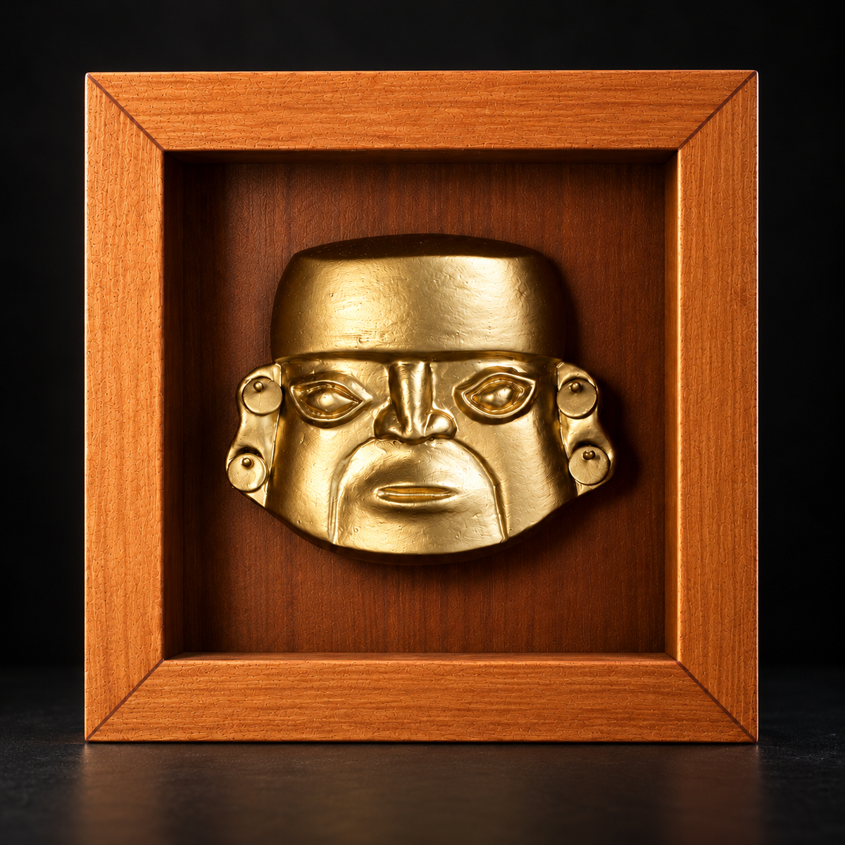 Sicán de Cuatro Aretes · Shadow Box 13 cm: recreación digital en estudio con fondo oscuro y luz rasante que resalta el relieve.