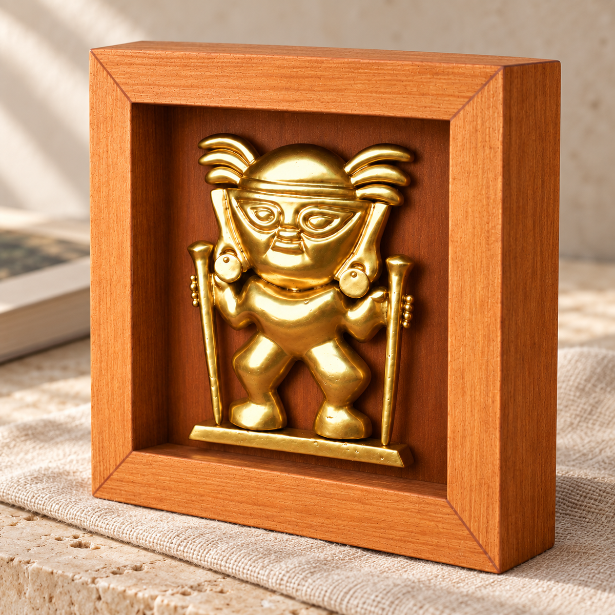 Señor con Báculos, Shadow Box 17 × 17 cm, con vista del relieve y la textura del marco. Ambientación digital basada en la obra; accesorios decorativos no incluidos.
