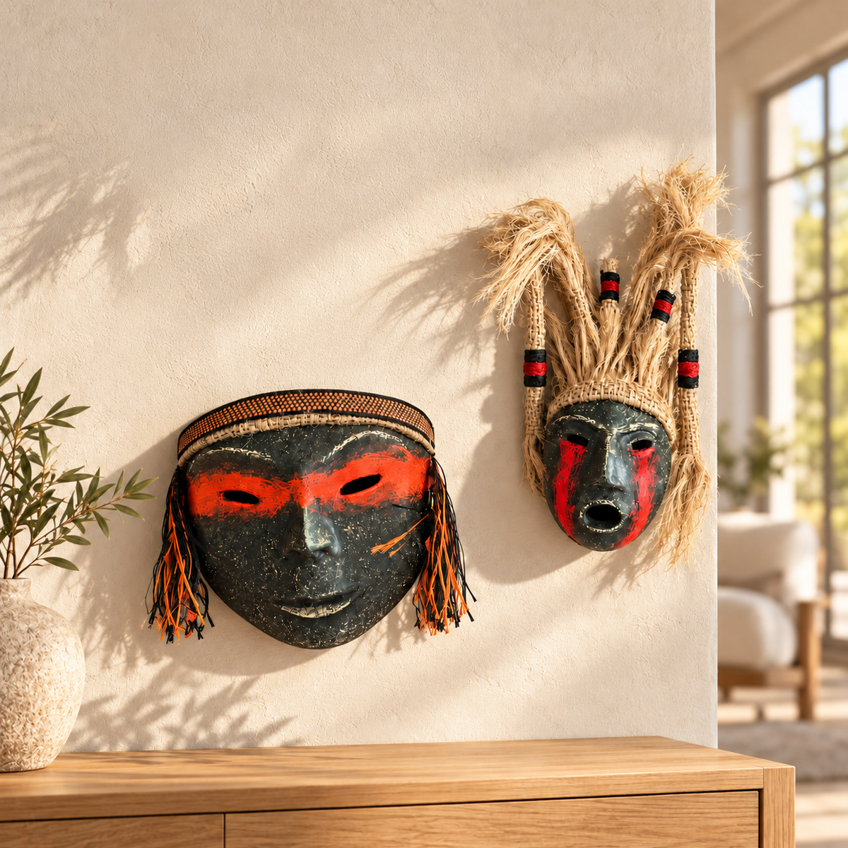 Amuletos Incas · ambas máscaras fuera de la caja · interior; ambientación digital a partir de la imagen de catálogo. Elementos del escenario no incluidos.