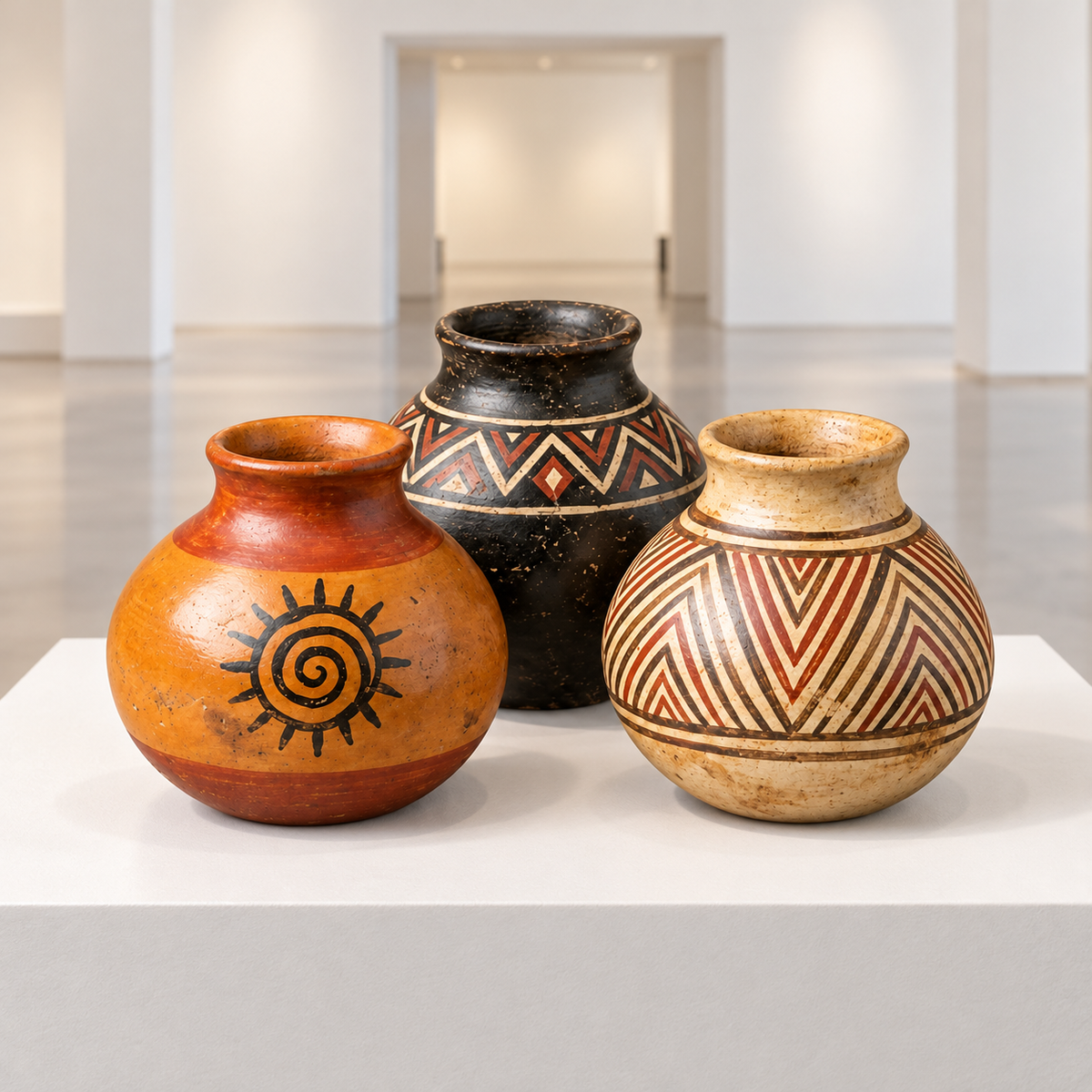 Set de Mini Tinajas Globulares Policromadas (Mocahuas de Chazuta) · sala de museo; ambientación digital a partir de la imagen de catálogo. Elementos del escenario no incluidos.