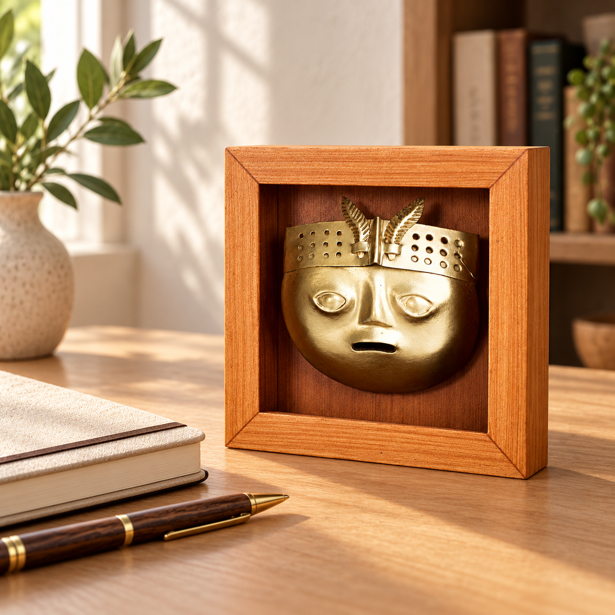 Sicán · Shadow Box 13 × 13 cm, en un escritorio. Ambientación digital basada en la obra; accesorios decorativos no incluidos.