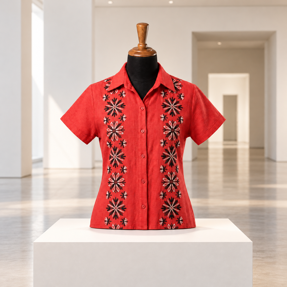 Túnica Artesanal Carmesí con Bordado Floral Amazónico · sala de museo; ambientación digital a partir de la imagen de catálogo. Elementos del escenario no incluidos.