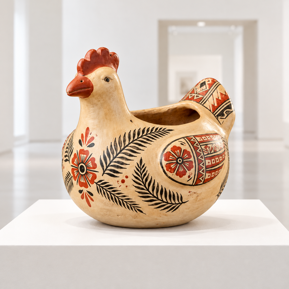 Vasija Zoomorfa Emblemática Gallina Tradicional de Chazuta · sala de museo; ambientación digital a partir de la imagen de catálogo. Elementos del escenario no incluidos.