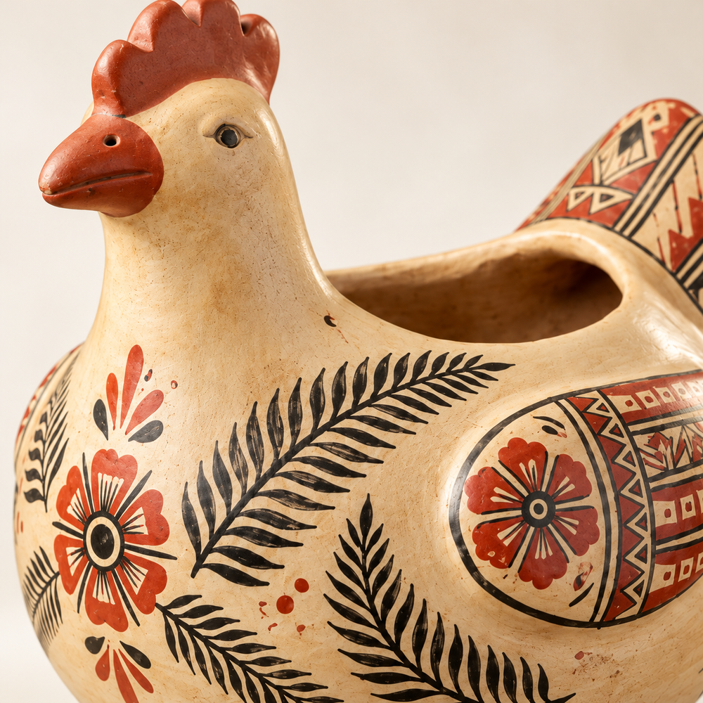 Vasija Zoomorfa Emblemática Gallina Tradicional de Chazuta · detalle de la superficie; ambientación digital a partir de la imagen de catálogo. Elementos del escenario no incluidos.