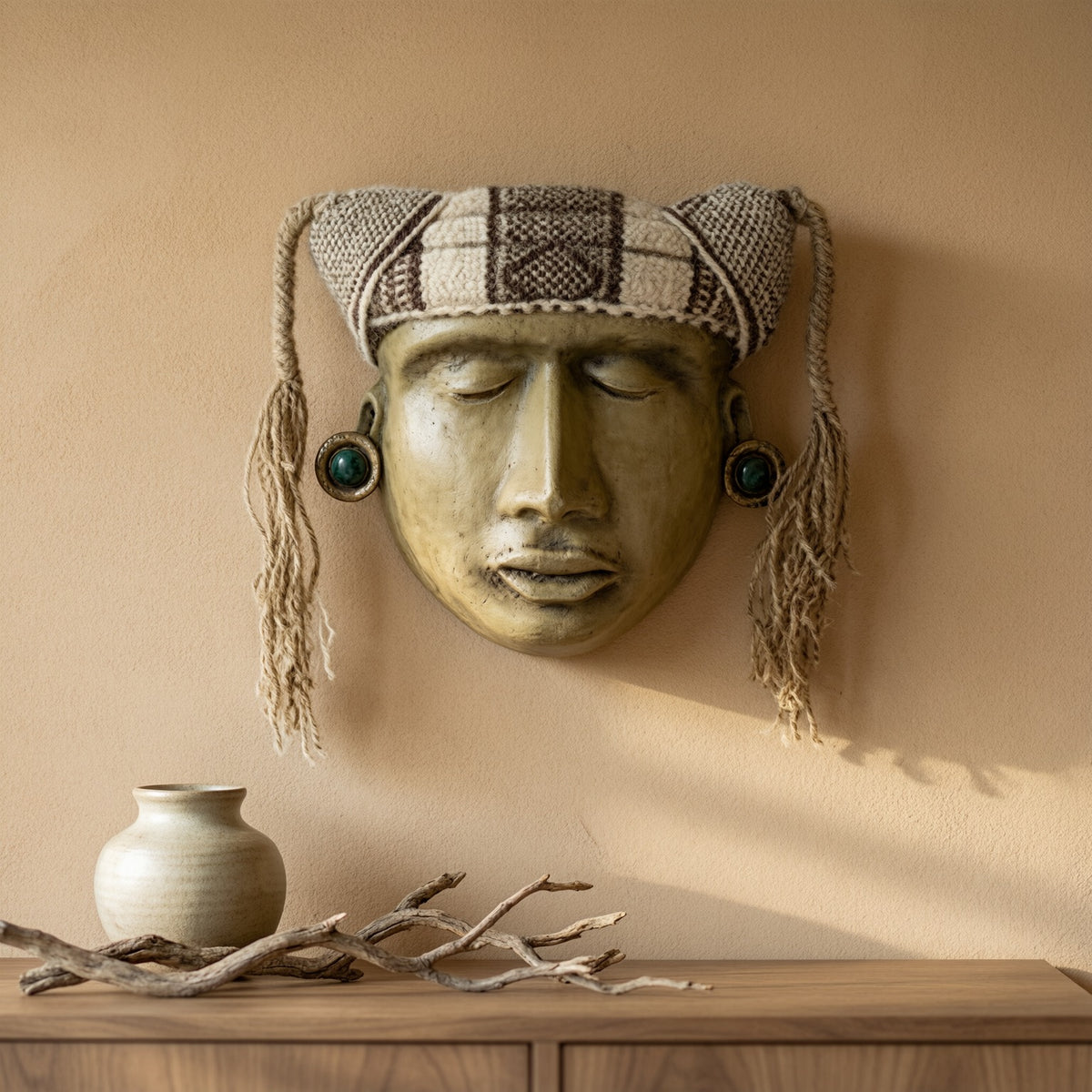 Gran Máscara Inca · ambientación de referencia. Máscara artesanal. Imagen editada digitalmente; confirma el ejemplar disponible con el taller.