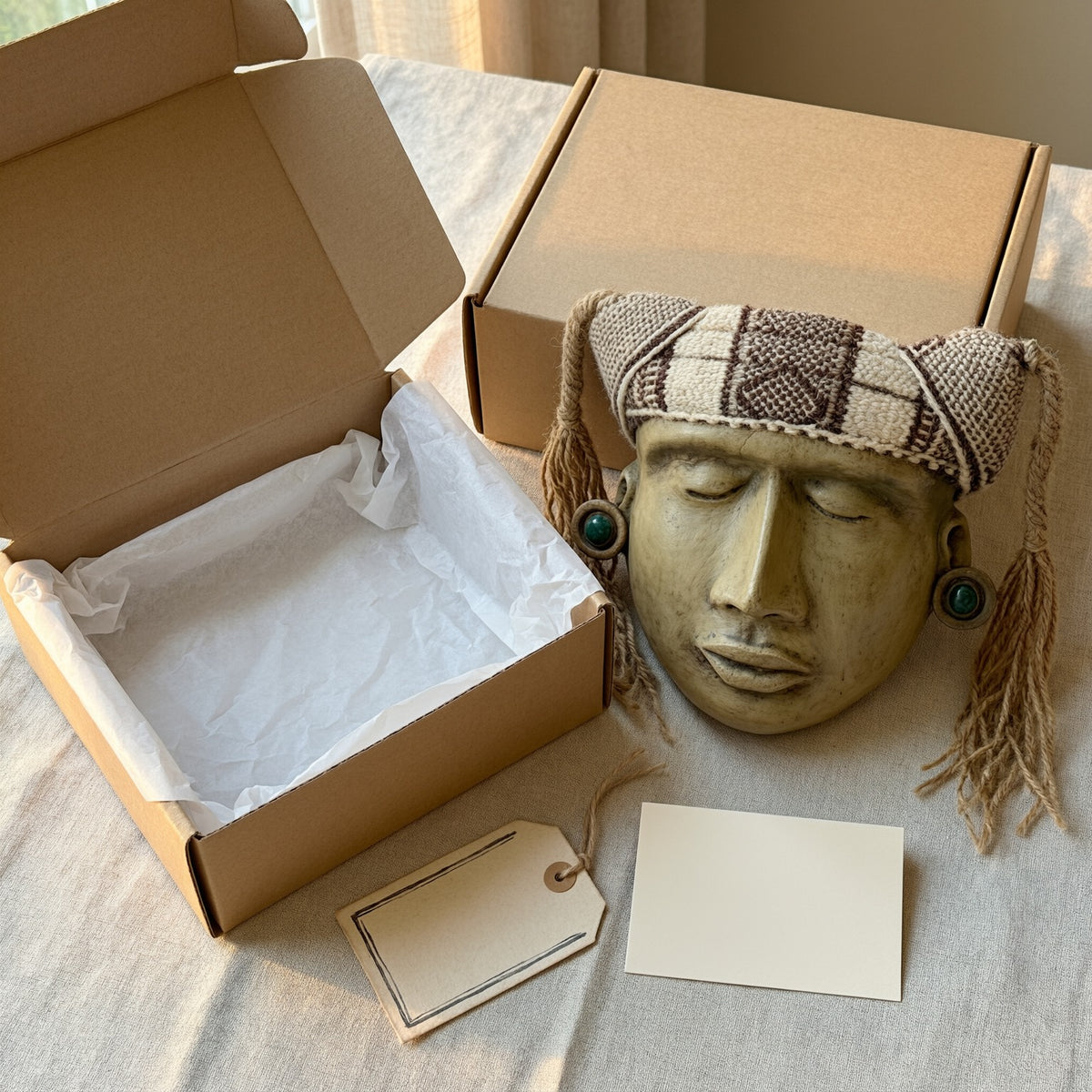 Gran Máscara Inca · presentación de regalo de referencia. Máscara artesanal. Imagen editada digitalmente; confirma el ejemplar disponible con el taller.