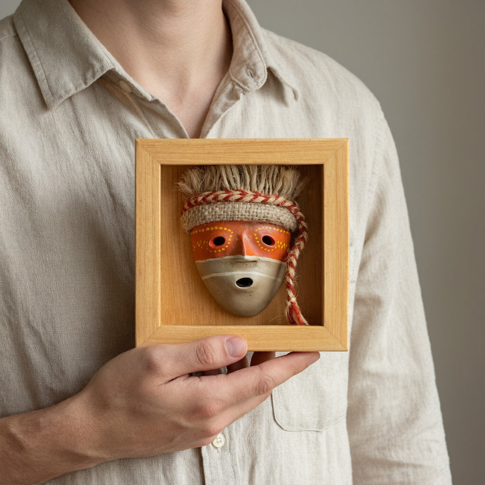 Danza Chancay · referencia de escala; consulta las medidas de la ficha. Shadow Box · 13 × 13 cm. Imagen editada digitalmente; confirma el ejemplar disponible con el taller.
