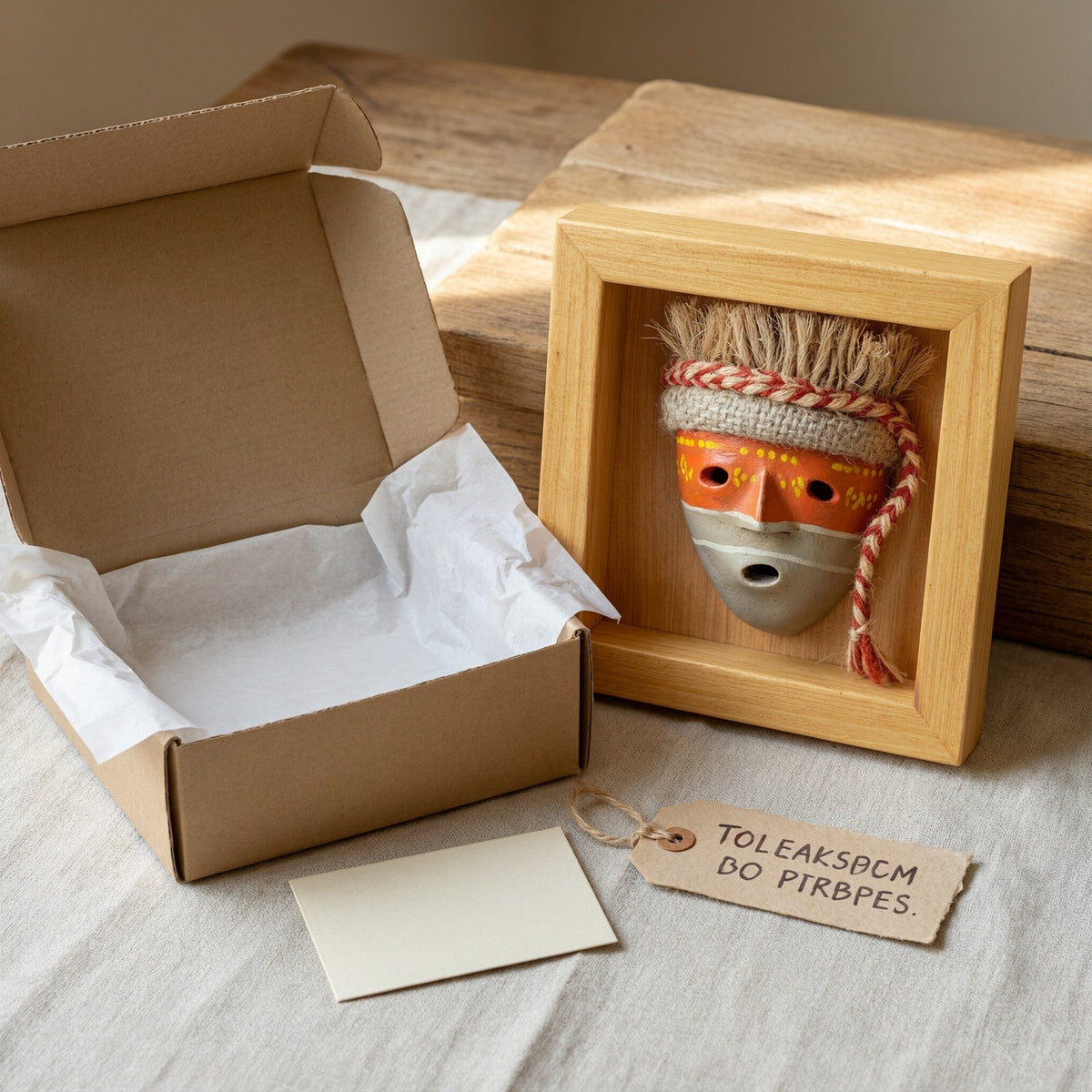 Danza Chancay · presentación de regalo de referencia. Shadow Box · 13 × 13 cm. Imagen editada digitalmente; confirma el ejemplar disponible con el taller.