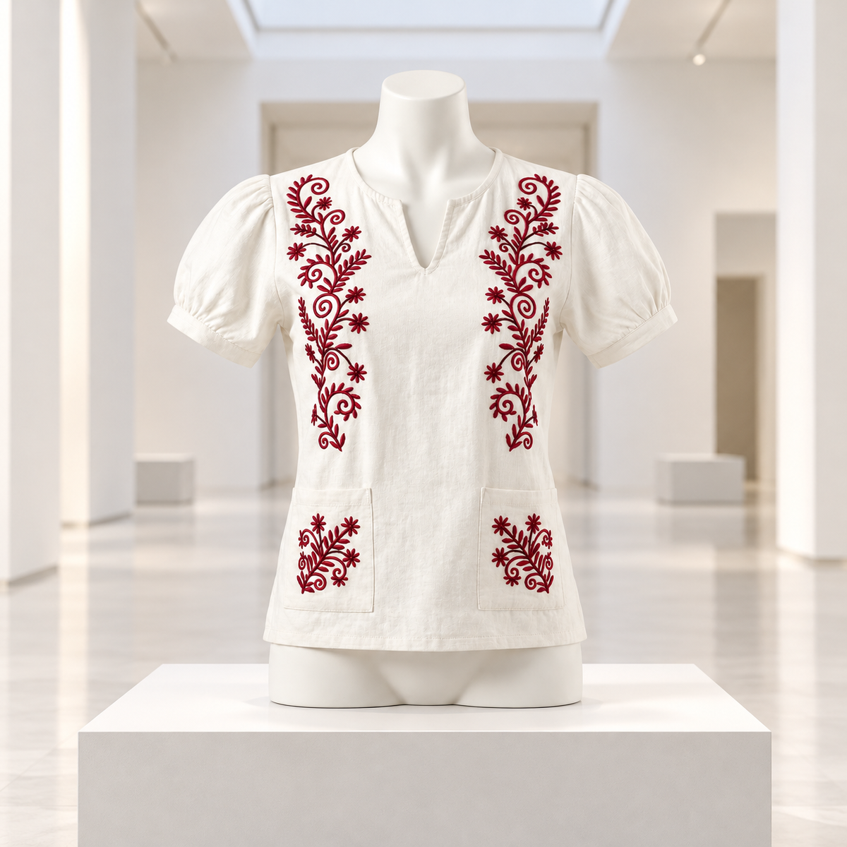 Blusa Tradicional Alba con Bordado Étnico de Chazuta · sala de museo; ambientación digital a partir de la imagen de catálogo. Elementos del escenario no incluidos.