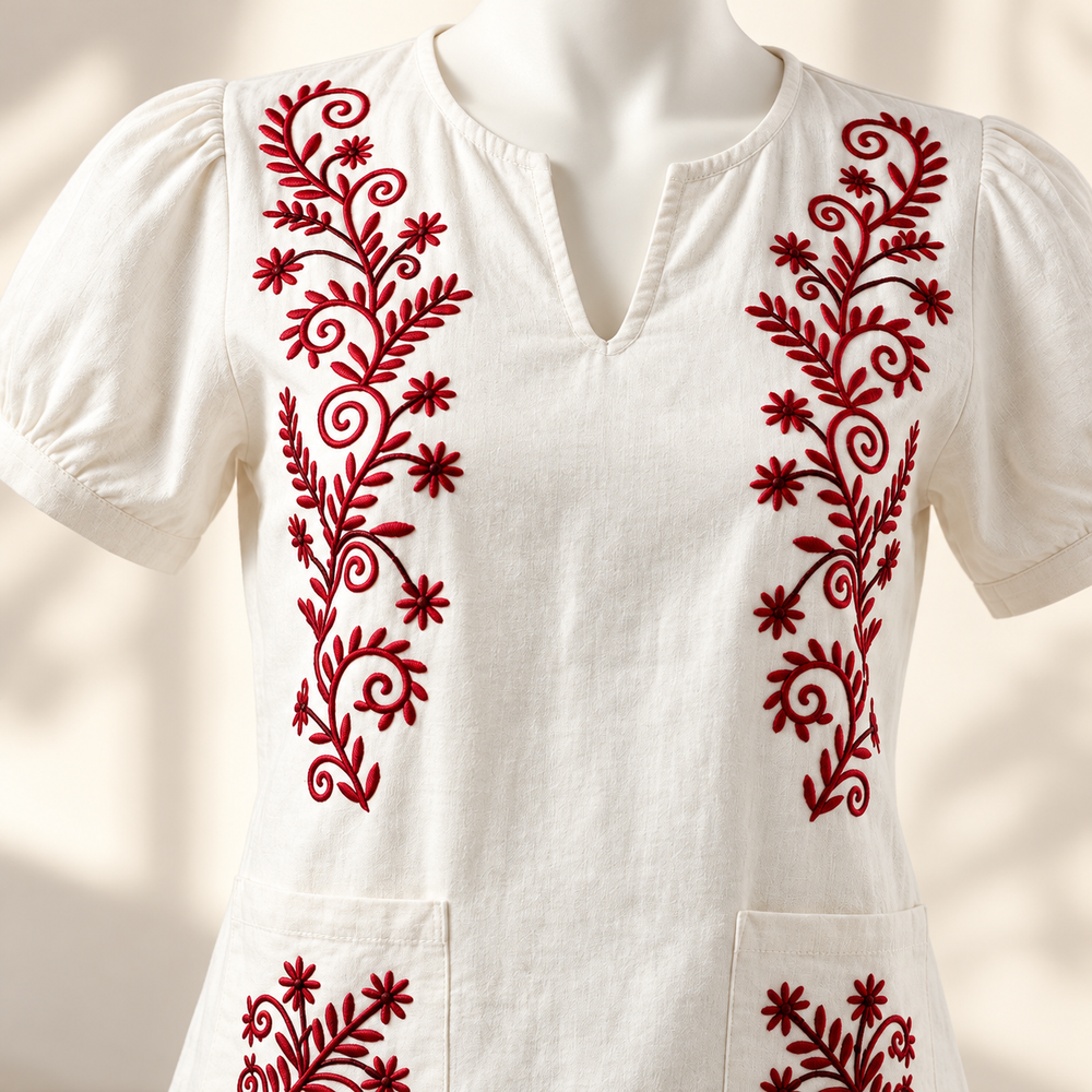 Blusa Tradicional Alba con Bordado Étnico de Chazuta · detalle de la superficie; ambientación digital a partir de la imagen de catálogo. Elementos del escenario no incluidos.