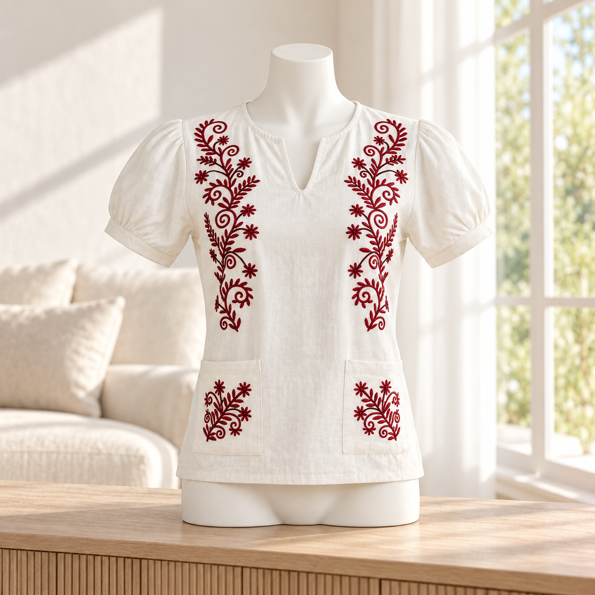 Blusa Tradicional Alba con Bordado Étnico de Chazuta · interior contemporáneo; ambientación digital a partir de la imagen de catálogo. Elementos del escenario no incluidos.