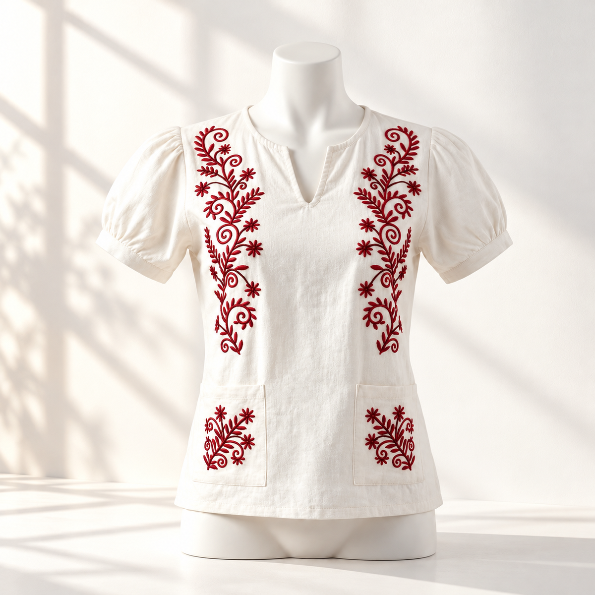 Blusa Tradicional Alba con Bordado Étnico de Chazuta · luz cinematográfica de ventana; ambientación digital a partir de la imagen de catálogo. Elementos del escenario no incluidos.