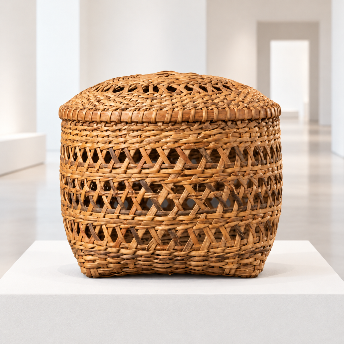 Cesto Ceremonial Calado en Fibra Vegetal del Huallaga · sala de museo; ambientación digital a partir de la imagen de catálogo. Elementos del escenario no incluidos.