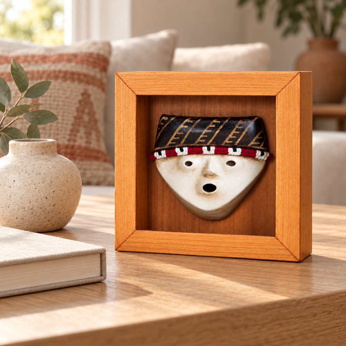 Cuchimilco Chancay · Shadow Box 13 × 13 cm, en un ambiente de hogar. Ambientación digital basada en la obra; accesorios decorativos no incluidos.