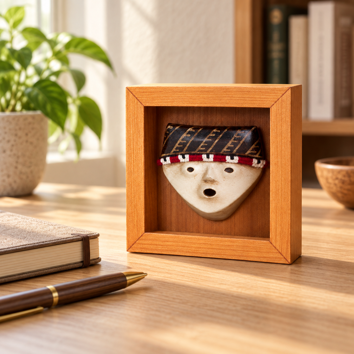 Cuchimilco Chancay · Shadow Box 13 × 13 cm, en un escritorio. Ambientación digital basada en la obra; accesorios decorativos no incluidos.