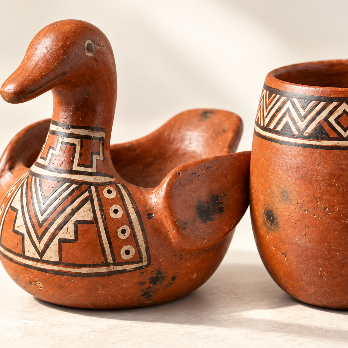 Cuenco Zoomorfo Pato de Agua Amazónico en Cerámica Bruñida · detalle de la superficie; ambientación digital a partir de la imagen de catálogo. Elementos del escenario no incluidos.