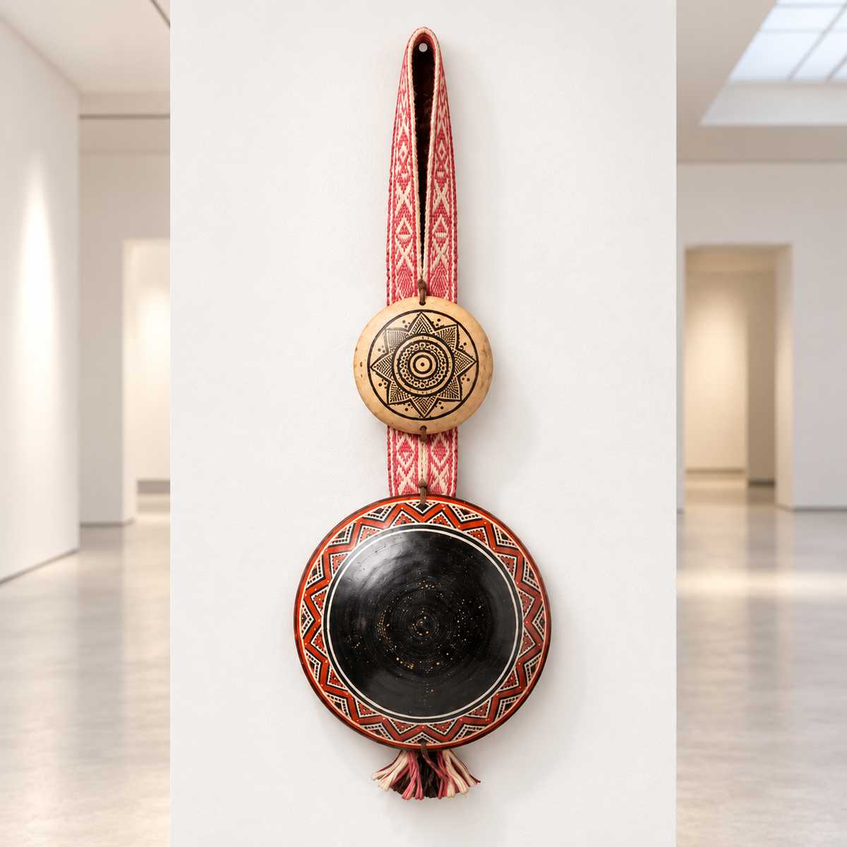 Dúo Colgante Ceremonial en Tutuma y Disco Negro con Cinta Tejida · sala de museo; ambientación digital a partir de la imagen de catálogo. Elementos del escenario no incluidos.