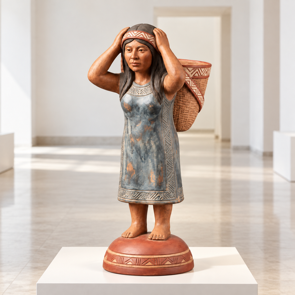 Escultura Antropomorfa Alfarera de Chazuta con Cesto · sala de museo; ambientación digital a partir de la imagen de catálogo. Elementos del escenario no incluidos.